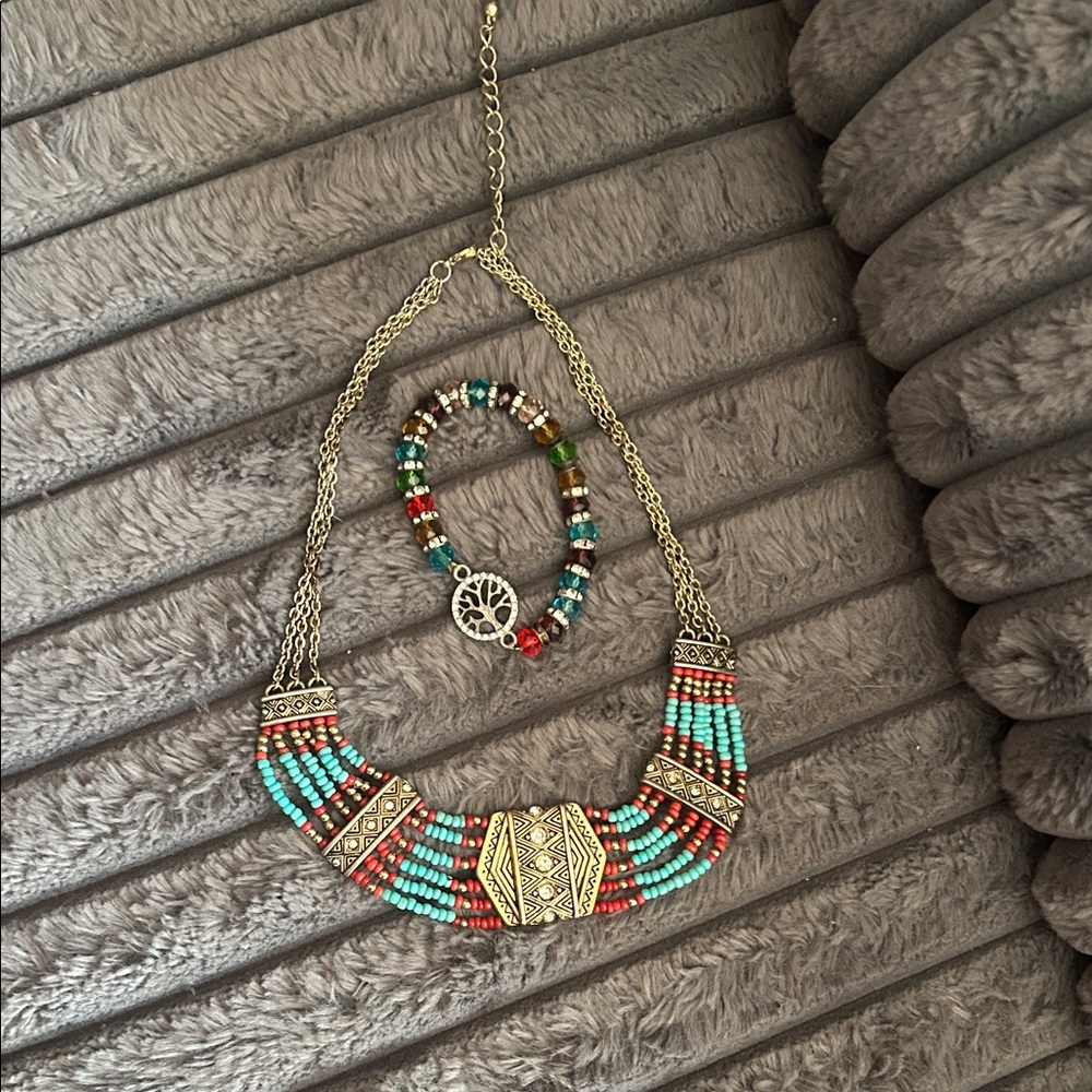 India Boutique Turquoise and Red Beaded Necklace Set